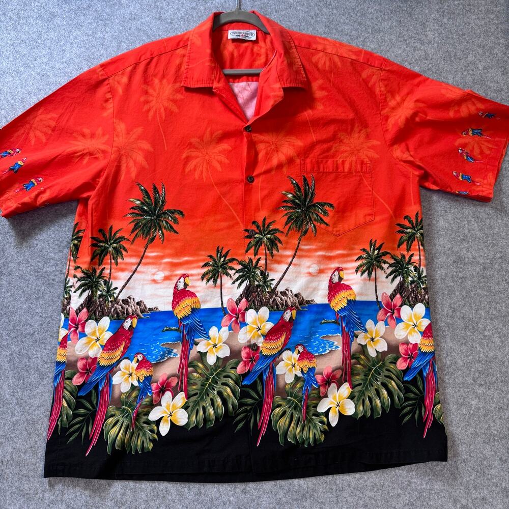 Pacific Legend Hawaiian Shirt Mens 2XL Red Parrot Tropical Aloha Made Hawaii